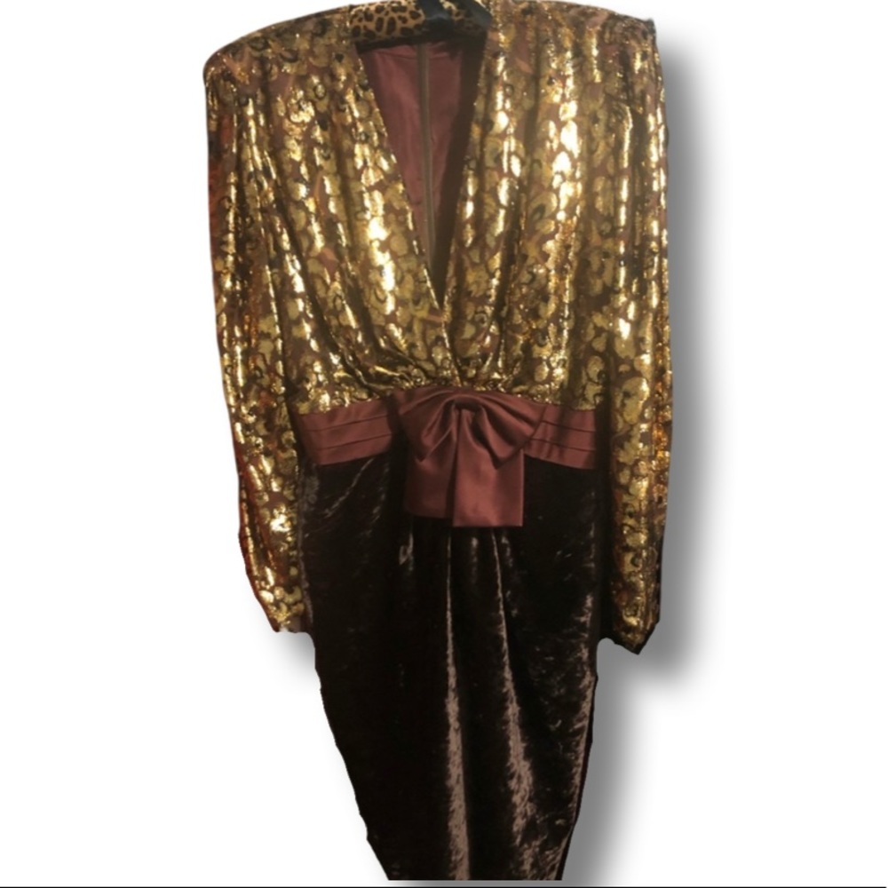 ||SOLD|| Vintage 80s Escada Metallic Velvet Satin Leopard Puff Sleeve Dress